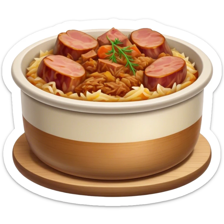 Cinematic Realistic Bigos Dish Emoji, showcasing a hearty stew of sauerkraut and meats rendered with rich textures and dynamic, rustic lighting. sticker