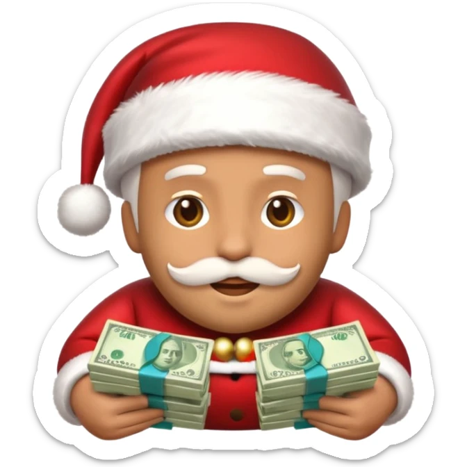 A confident rich emoji face wearing a Santa hat, money stacks, casino vibe, New Year theme, premium 3D emoji style, sharp details, no text, isolated on transparent background sticker