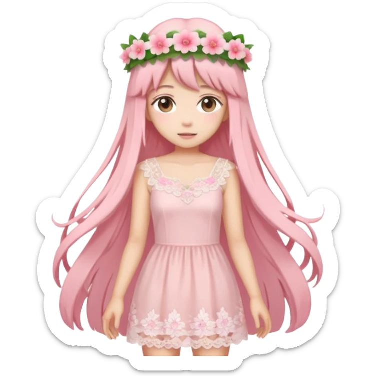 pastel anime woman with pink and white lace dress full body and long hair with flower crown sticker