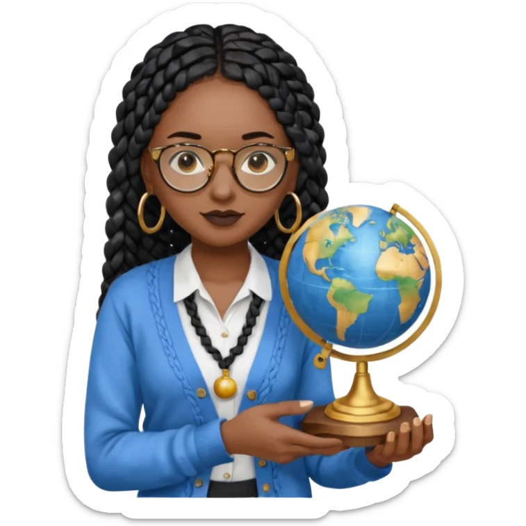 a-young-woman-wearing-fine-gold-round-glasses-and-black-hair-in-several-box-braids,-she-has-light-black-skin,-and-she's-wearing-a-white-shirt-with-an-blue-cardigan-on-top.-she's-holding-a-globe-in-one-hand.png sticker