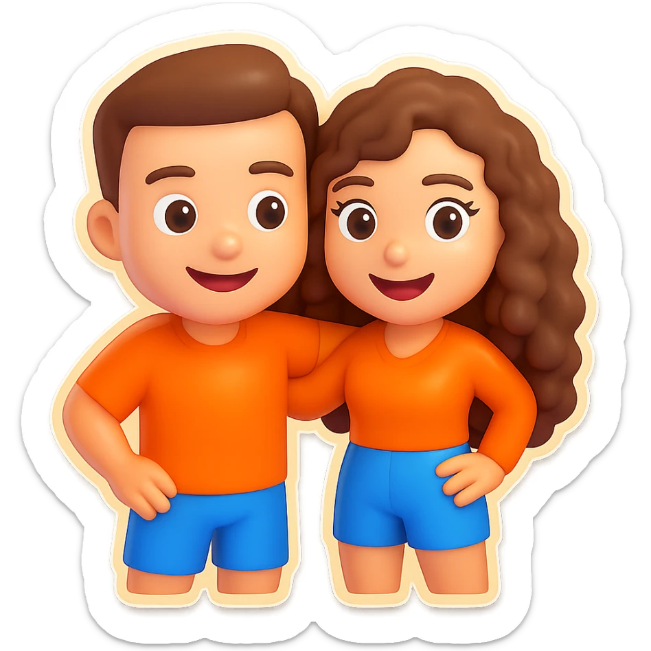 3D cartoon male and female characters with white skin and brown hair; male with short fade haircut, female with long natural curls, giving each other a side hug and smiling, Bitmoji-like style suitable for emoji use, transparent background. sticker