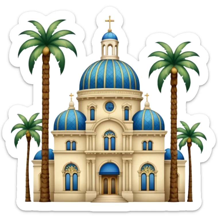 California Building with ornate blue, gold, and green tile dome and adjoining slender California Tower, Spanish Colonial Revival style, baroque details, palm trees, simple, no text, white background sticker