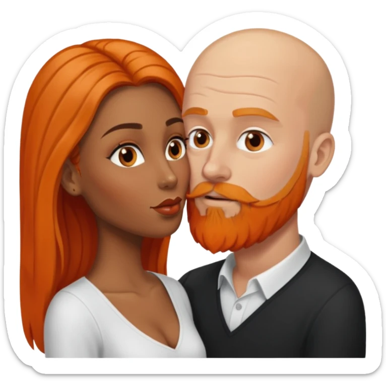 Brown eyed black women with long balayage brown hair. She is kissing a bald white man. The white and has orange facial hair and a long orange beard sticker