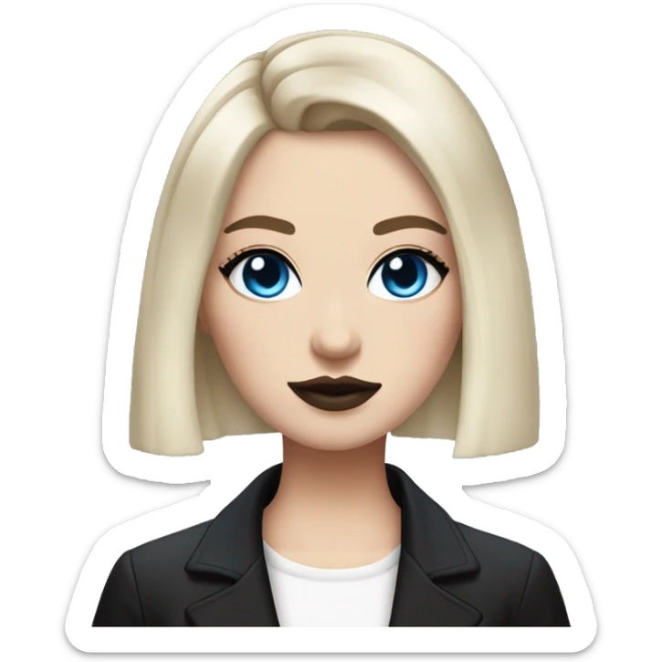 Slavic adult woman, goth eyes makeup, pink lips, blue eyes, medium bob black-to-blonde ombre hair, white T-shirt and black office jacket. sticker