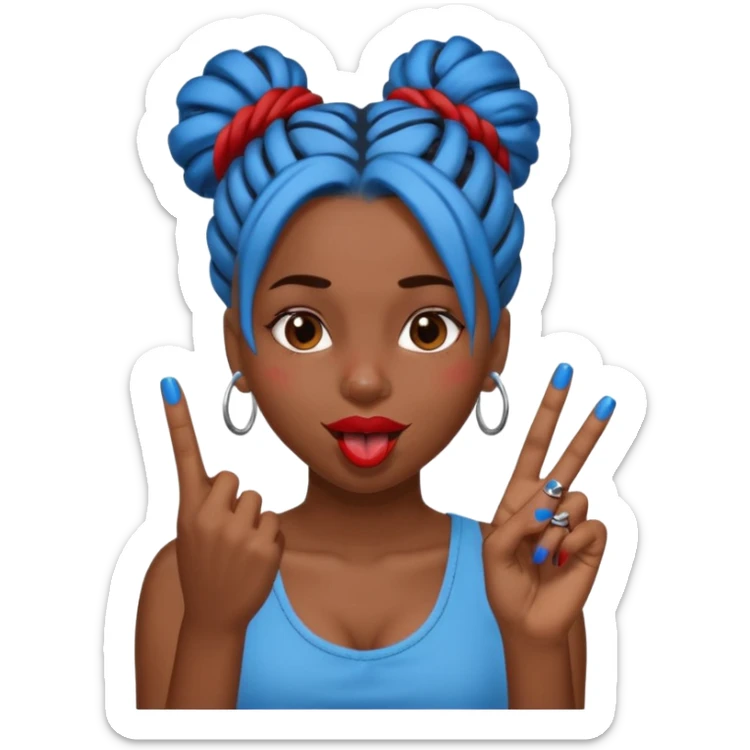 brown girl with blue locs in a bun with tongue out and red nails showing middle finger sticker
