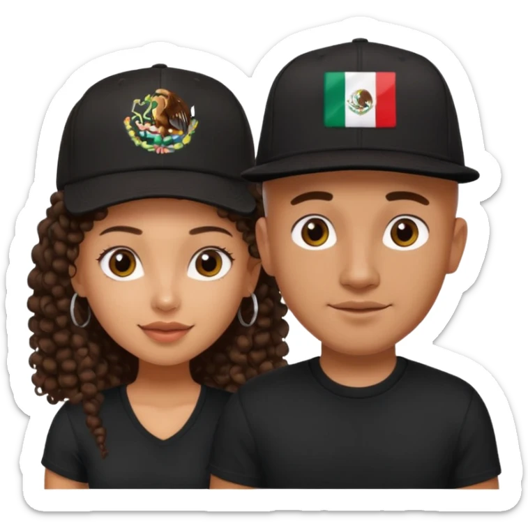 A picture of a cute tanned couple. the man is Mexican, with a bald hair cut wearing a SnapBack hat and a black shirt. the woman is mixed, she has curly longer dark brown hair, thicker and with big boobs  sticker