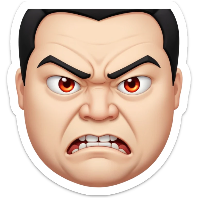 young angry fat man in profile view with black hair, fangs, crossed eyes sticker