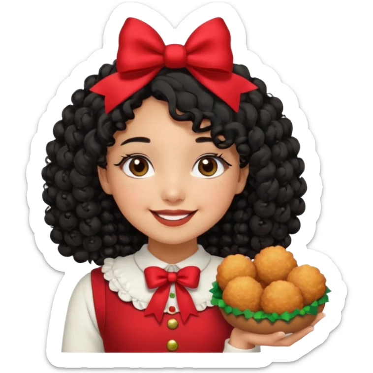cute girl tan skin, curly black hair chin length, middle part, long eyelashes, cute cheeks, 5'2, outfit croquette style with bows and christmas theme, smiling,  no bangs sticker