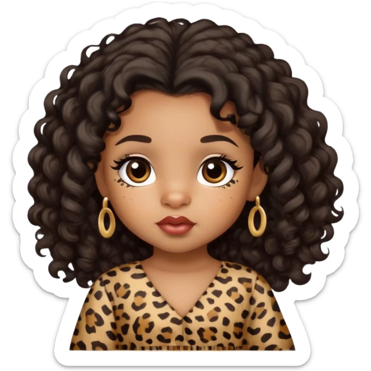 light brown skin tone, very adorable toddler, with big plump lips, long long lashes, black curly hair, middle hair parting, brown eyes, leopard print dress sticker