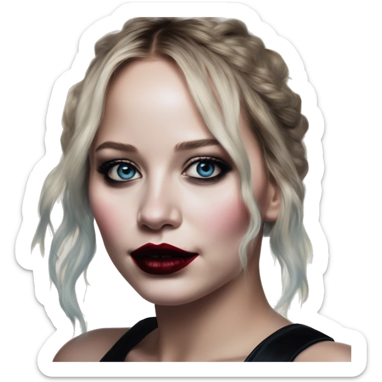 Barcelona Jennifer Lawrence in Harley Quinn style, oil paint, mysterious eyes, intricate lips, masterpiece portrait, odd perspective, beautiful, desirable, logical sticker