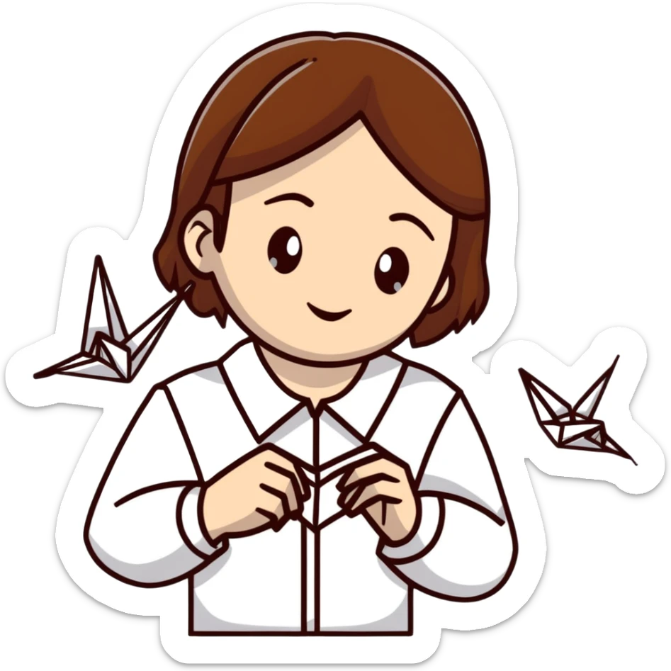 A happy Ukrainian young girl with brown hair in a white embroidered shirt makes an origami of a yellow and blue crane sticker