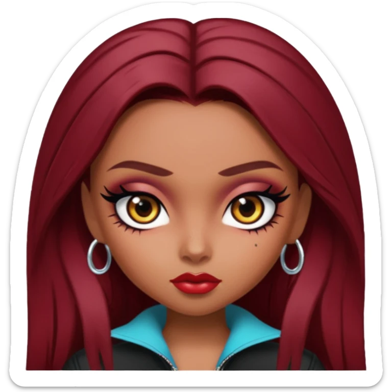 bratz baddie, beautiful eyes dark brown, eyeliner, dark red hair, middle skin sticker