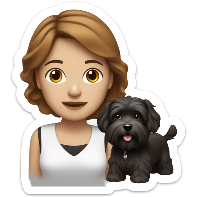 caramel skinned middle aged woman with brown hair, with black/white havanese dog sticker
