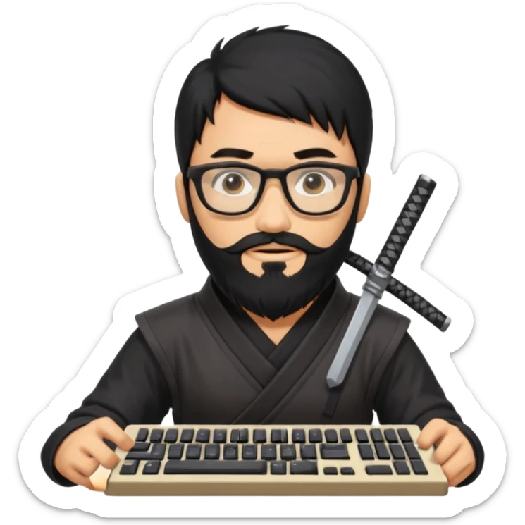 Man with black hair and beard wearing glasses in a ninja costume. Keep the top left version, make the beard longer and replace the sword with a keyboard  sticker
