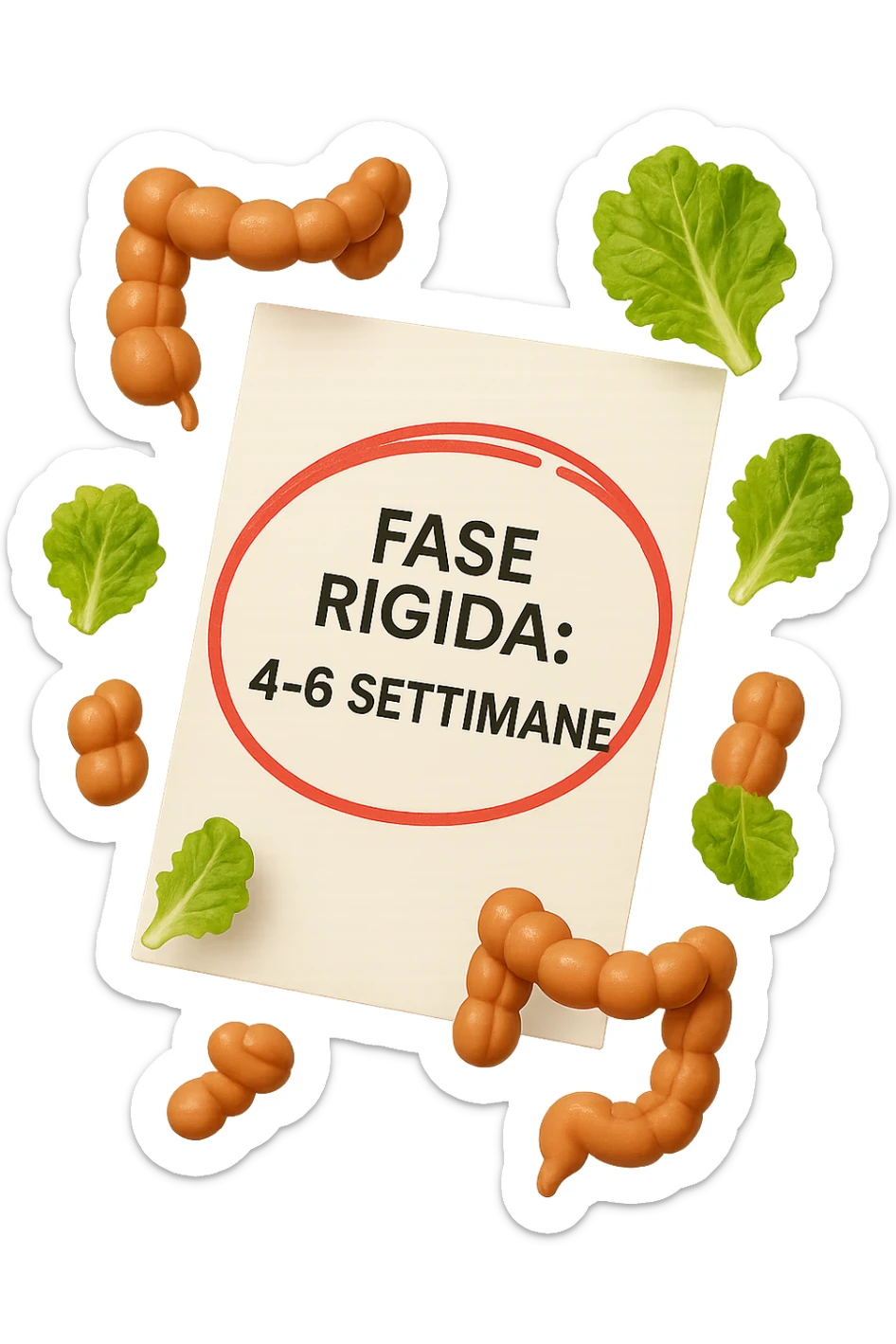 EMOJI STILE IPHONE DI UN foglio di carta fluttua in aria con la scritta "FASE RIGIDA: 4-6 SETTIMANE" CERCHIATA A PENNA IN ROSSO, ATTORNO AL FOGLIO FLUTTUANO PICCOLI TRATTI DI COLON UMANO IN STILE EMOJI E FOGLIE DI INSALATA, REALISTICA 4K sticker