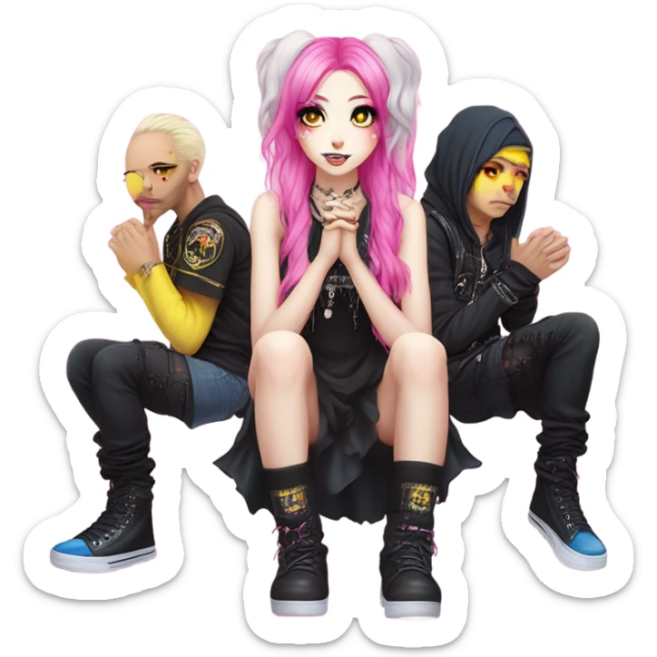 Blue eyed long eye lashes pout blonde and pink hair pale hime gyaru girl, hot pink and yellow split-dyed hair, nose ring, elf ears, dark makeup, punk clothes standing next to three diffrent men praying on their knees sticker