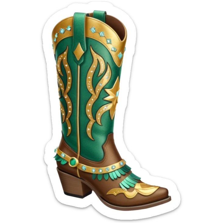 Realistic emerald brown and gold fashion cowgirl boots with sparkly shiny glitter fringe on them. sticker