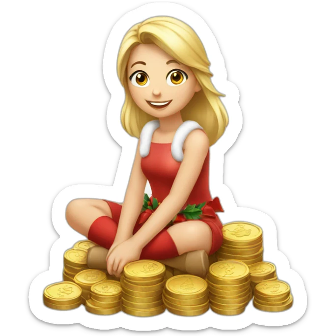 blonde christmas girl sitting on coins sticker