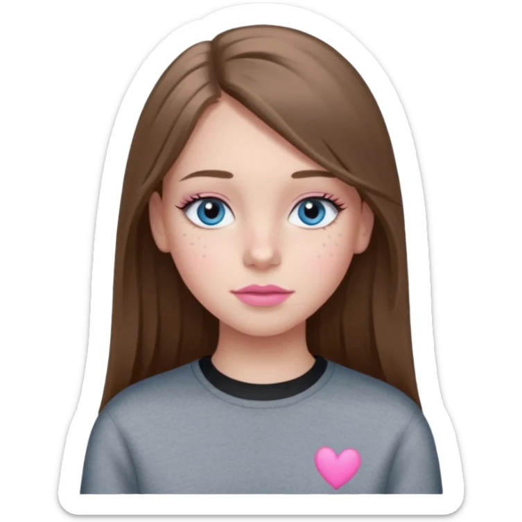 Create a teenage girl with LONG and straight light brunette hair, light skin, light freckles, and blue-grey eyes. She will have pink lips and long eyelashes. She will be wearing a black crewneck.  sticker
