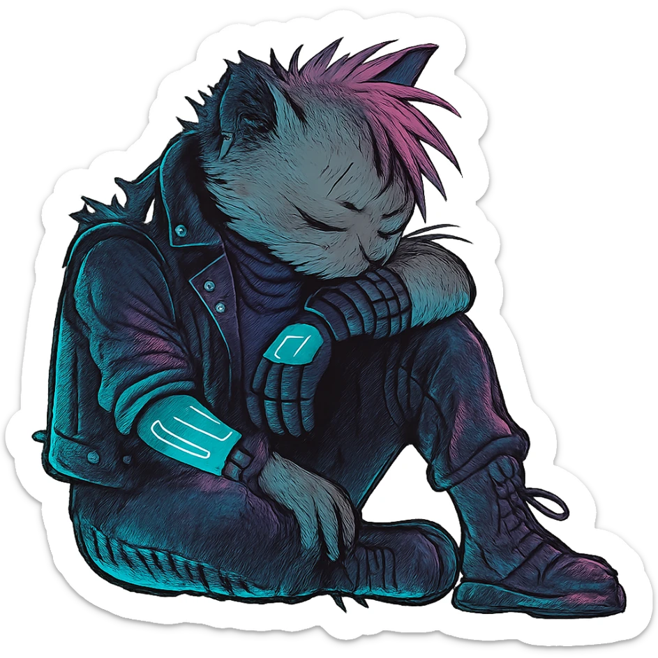 a anthro cat laying down his head to nap, punk gothic style, futuristic cyberwave cyberpunk, sitting position sticker