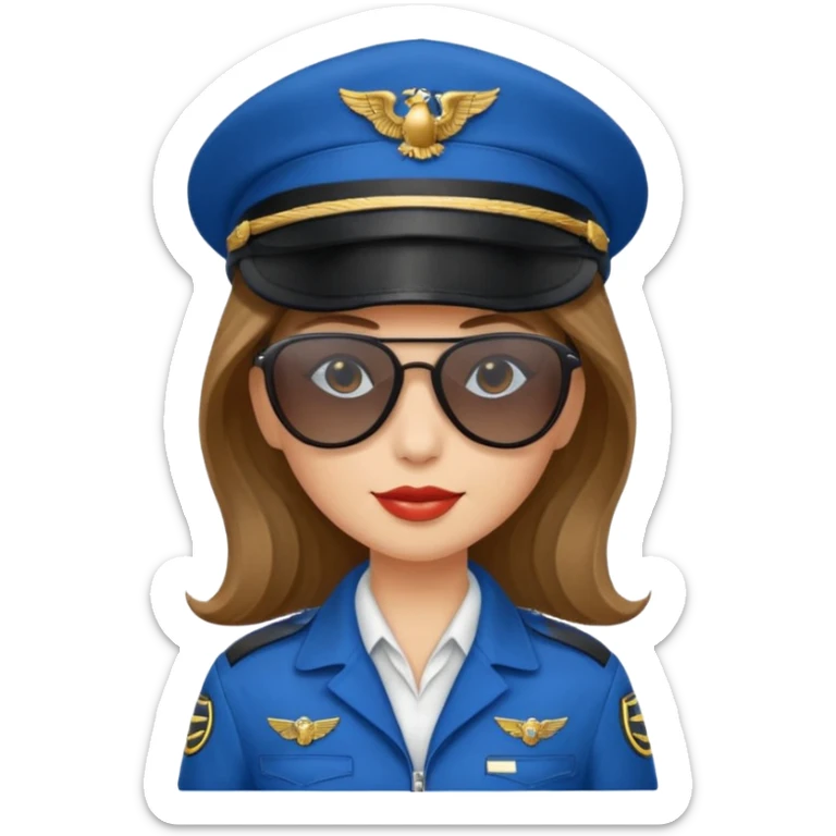 pilote d'avion femme cheveux brun clair avec sunglasses noires et chapeau de pilote et uniforme bleu sticker