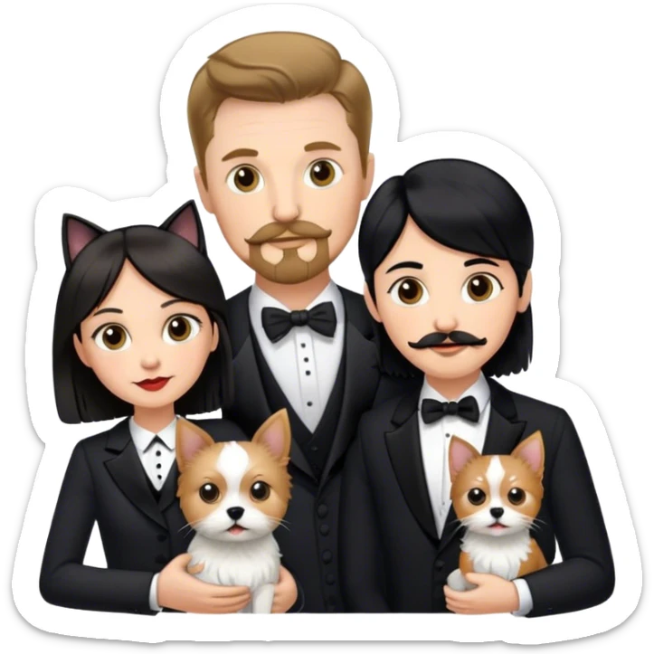 Couple, Tall white man with short brown hair mustache and goatee, small pale woman long with black hair, yorkshire terrier and tuxedo cat sticker