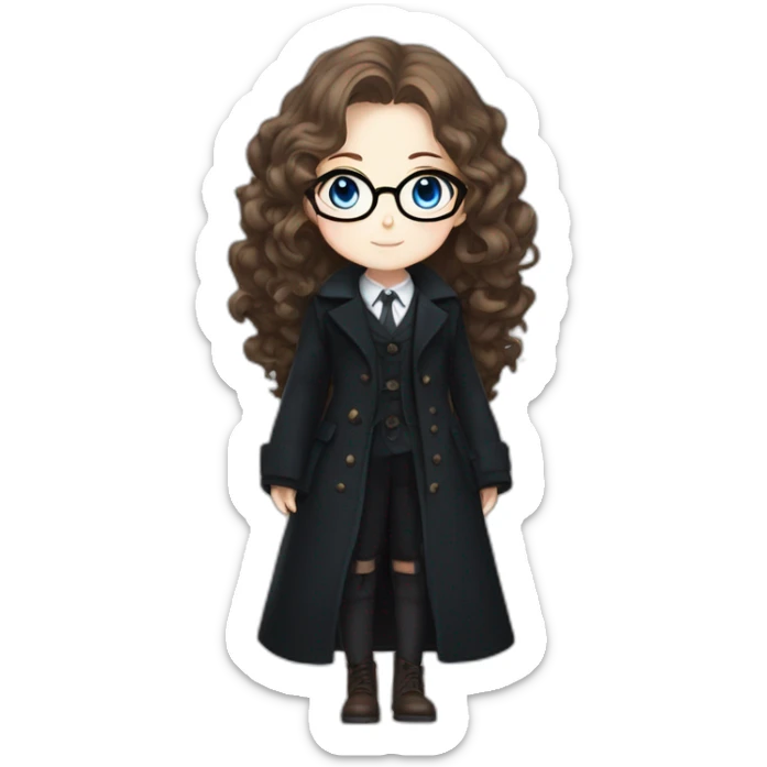 full length anime girl in a black coat, glasses with big blue eyes and white skin and curly brown long hair and aristocratic high cheekbones sticker