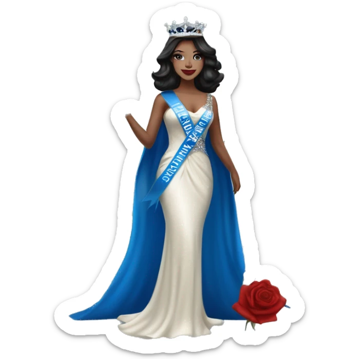 Beauty queen with white skin and dark hair, wearing Miss Massachusetts sash and wearing a crown and blue sparkly dress holding red roses sticker