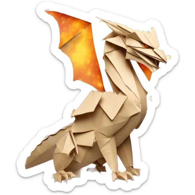 Beige Origami dragon made of newspapers on fire surrounded by fairy lights swirls covered in dried flowers bokeh library bunting floral flowers fire flames sticker