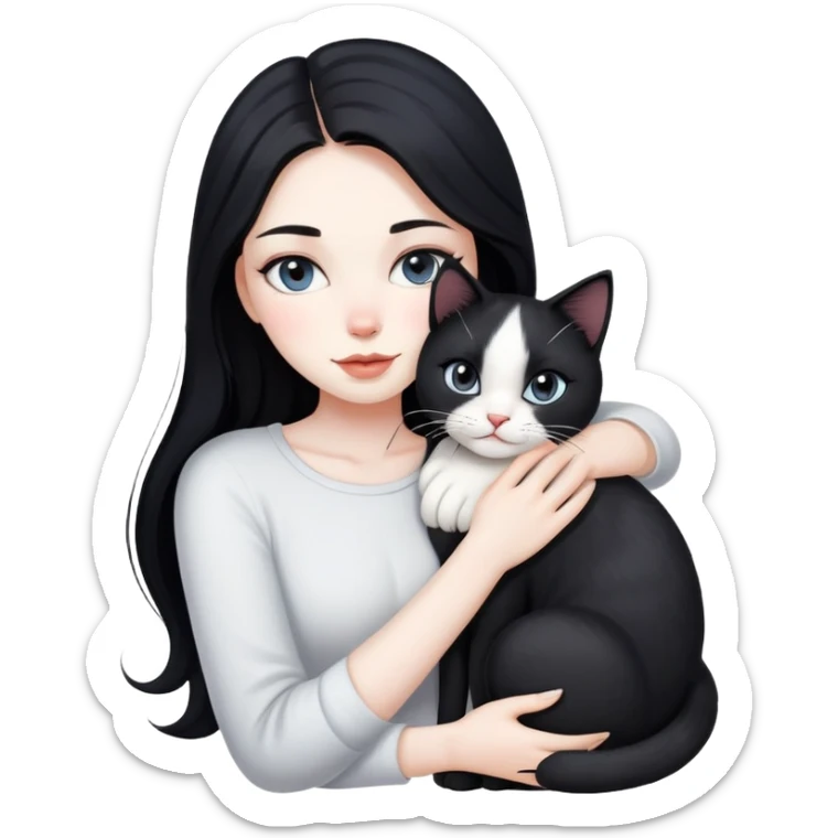 beautiful woman with pale skin, long black hair, hugging a black and white cat sticker