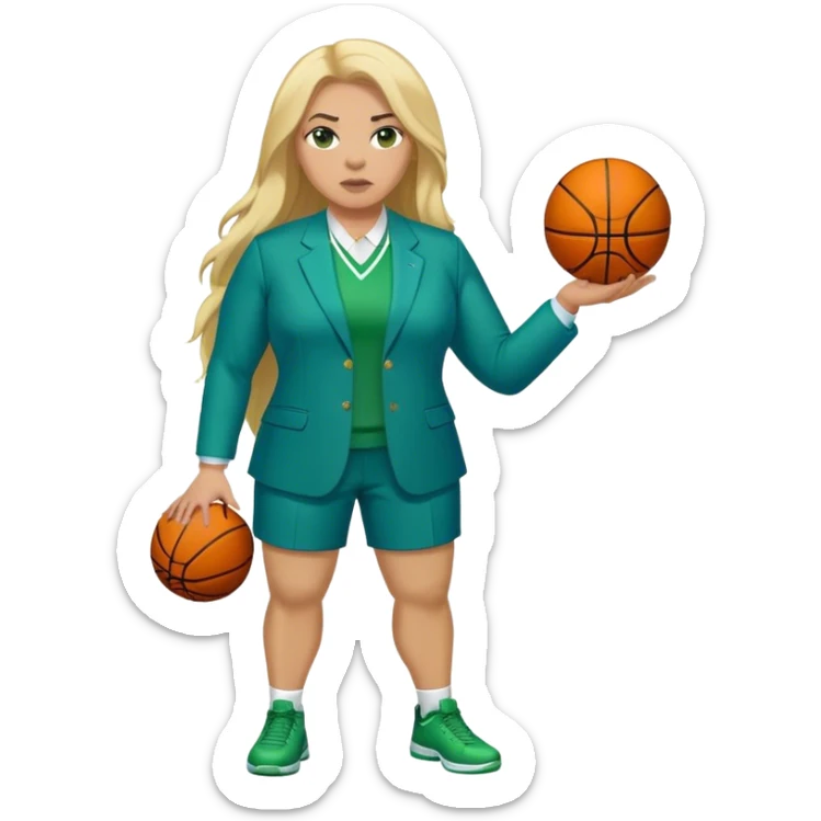 Full Body white plus size female basketball head coach with long blonde hair in a blue and green suit sticker