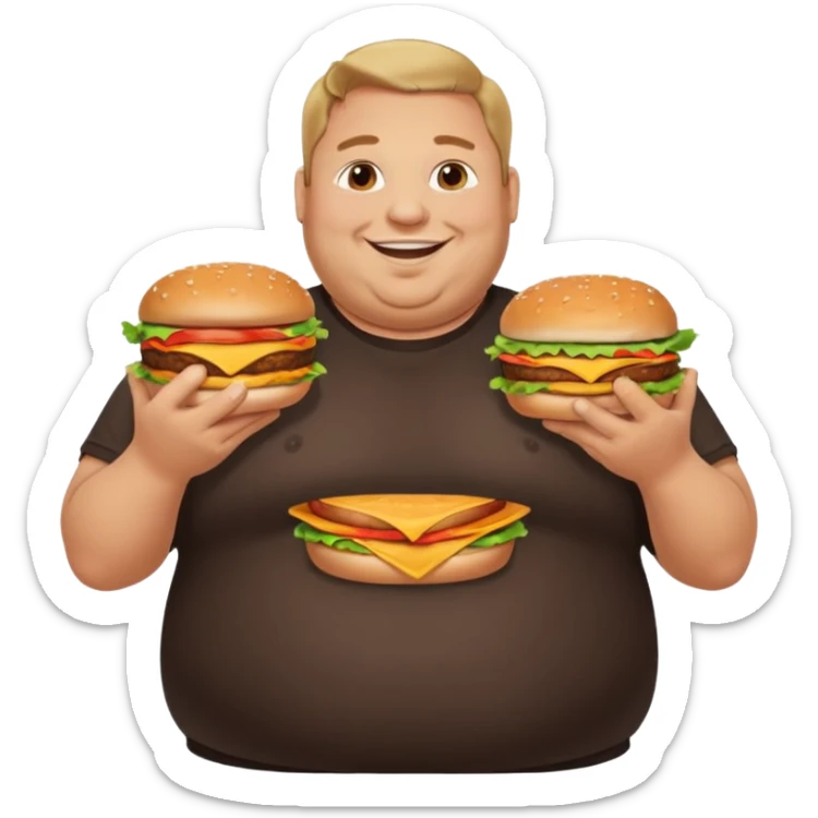 A very fat guy in an Alex Zero T-shirt, holding burgers, gives a like. sticker