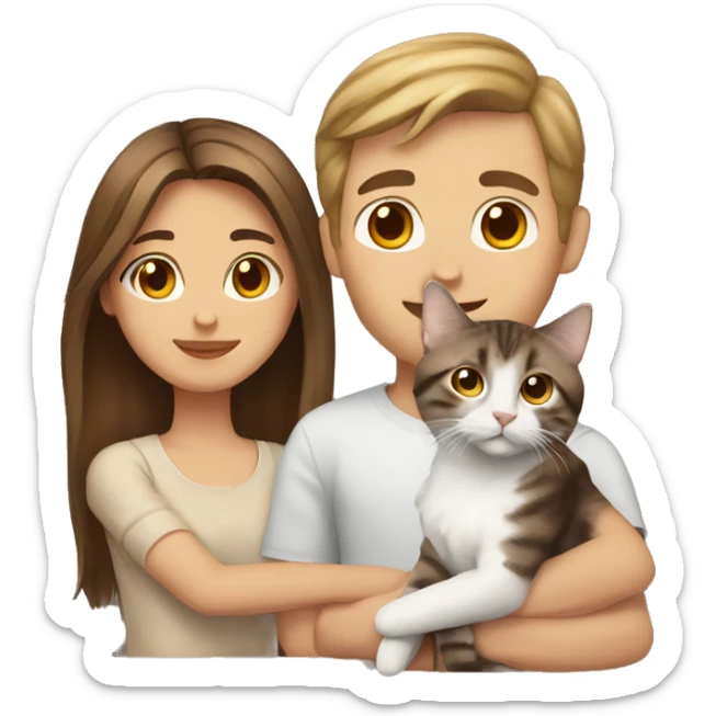 Long Brown hair girl and brown hair white man holding tabby cat  sticker