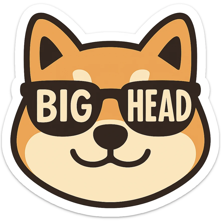 flat-toon style close-up of a Shiba Inu face wearing sunglasses with the text 'BIG HEAD' inside the sunglasses lenses sticker