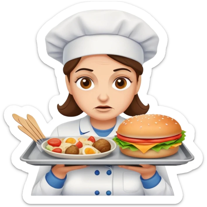 lunch lady with a tray of unappetizing food, exaggerated disgusted face sticker