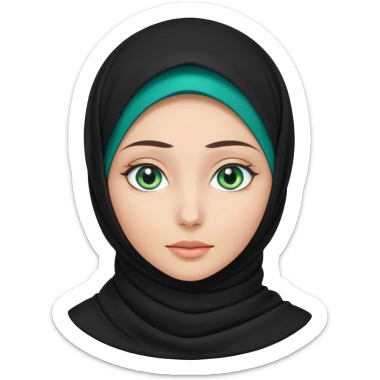 a girl wearing a black hijab and has green and blue eyes with another model of a hijab like a hijab but it's showing the neck sticker