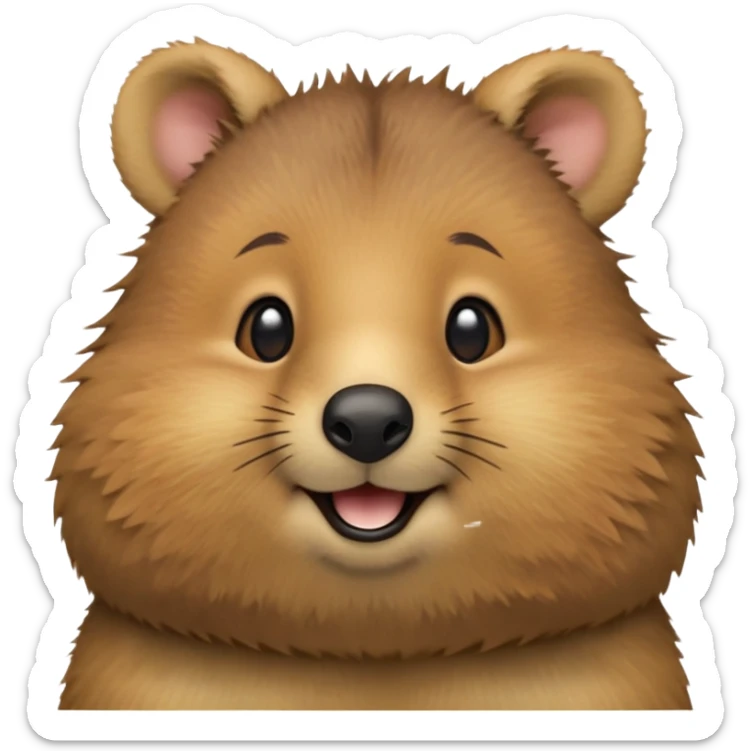 cinematic-realistic quokka-emoji,-small-round-frame, head tilted in an endearing manner, comical smile, round cheeks, giant-fluffy-cheeks-large-smile-fluffy-brown-fur-radiating-a-warm-softness,-big-round-eyes-filled-with-joy, realistic round  fluffy zoomed in, large black eyes sticker