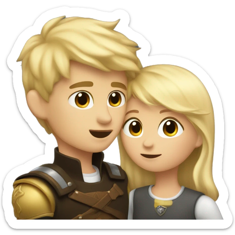 A girl with dark hair kisses a boy with blond hair, the boy has a small shield sticker