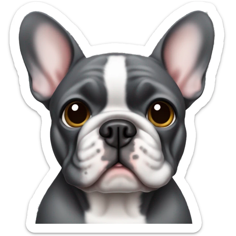 Dark gray French bulldog male, hazel eyes and one short ear sticker