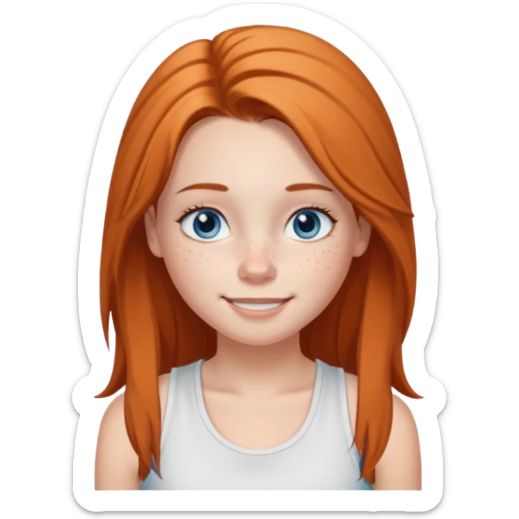 Una chica de tez blanca con pecas, nariz respingada, labios gruesos, ojos grandes color azul grisáceo, pelo largo, lacio, color avellana. Con una blusa de tirantes blanca. Que este sonriendo y q solo se vea de la cintura hacía arriba sticker