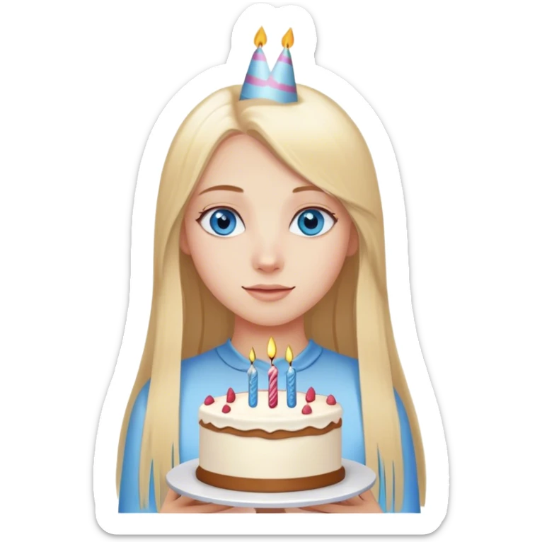 Straight long blonde hair blue eyes girl holding birthday cake sticker