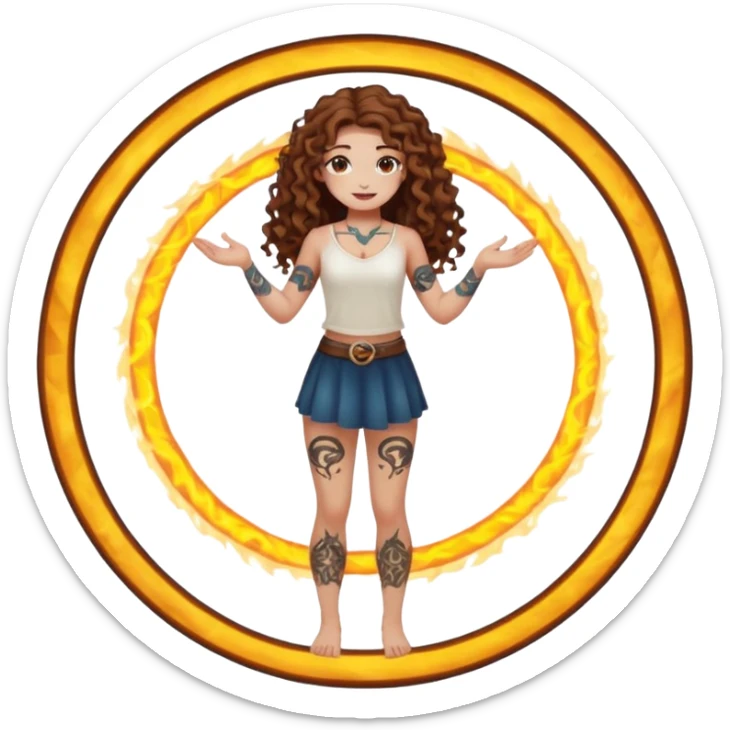 full body view of a woman with long curly brown hair, brown eyes, white skin, tattoos, fake innocent pose while standing inside a glowing spell circle sticker