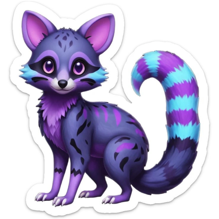 Obsidian-onyx-black and glowing neon-purple, shiny blind hollow empty eyes, magical fantasy-Genet-Sentret-Marsupial-Possum-Vernid-Sergal-Fakémon-hybrid, by LiLaiRa-griffsnuff, full body sticker