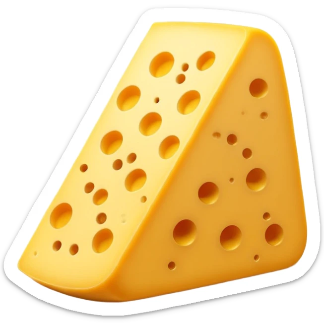 A 3D cartoon wedge of yellow cheese with round holes, bright tone, soft shadow, Memoji-style. sticker