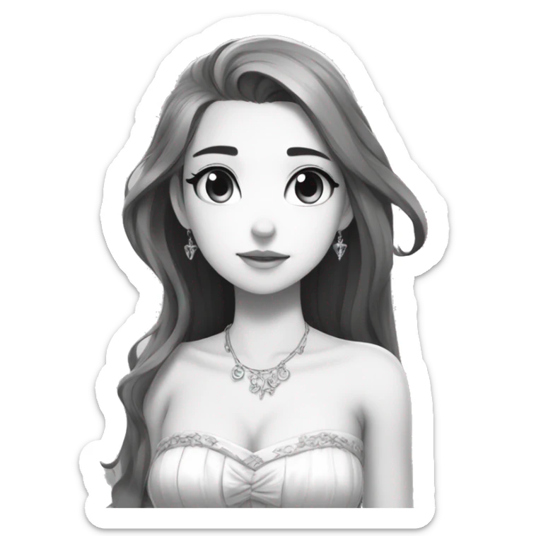 prinvk, 1girl, solo, dress, long hair, bare shoulders, princess, monochrome, 2d, anime  sticker