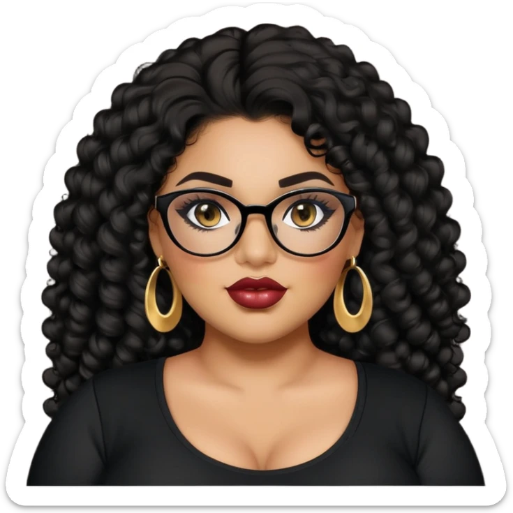 big plus size, latina, darker tan skin, long black curly hair, baddie,pretty, makeup, lipgloss, black eyeliner, long hair, SMALL gold earrings, black top, black glasses sticker