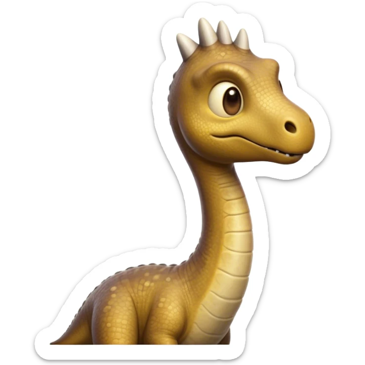 Cinematic Noble Brachiosaurus Portrait Emoji, Poised and majestic, with a towering, elongated neck stretching gracefully from a robust, column-like body, a small, gentle head with curious eyes, and subtle, textured skin in earthy tones, Simplified yet sharply defined features, highly detailed, glowing with a soft, golden radiance, high shine, intelligent and serene, stylized with an air of prehistoric grandeur, focused and calm, soft glowing outline, capturing the essence of a watchful and confident Brachiosaurus that appears ready to gracefully emerge from the screen with effortless power! sticker