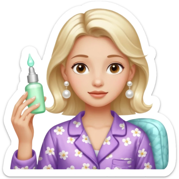 Clean girl aesthetic emoticons, apply skincare products, pearl earrings, glowing skin, pajamas, soft lighting sticker