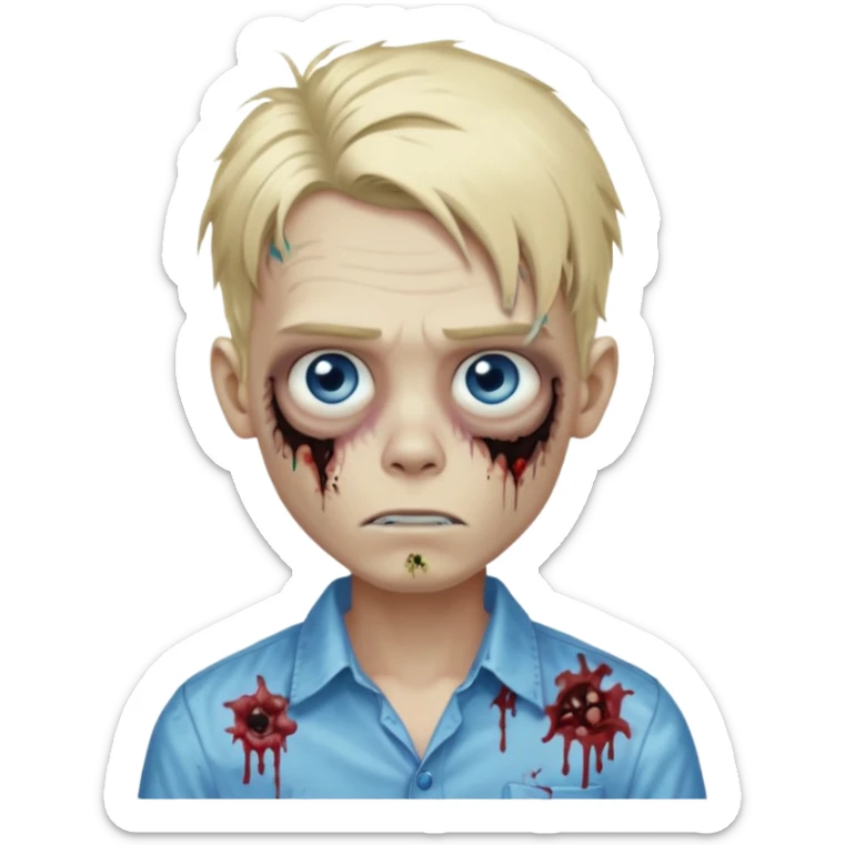 zombie boy with messy long blond hair blue eyes, designer shirt and hair pins sticker