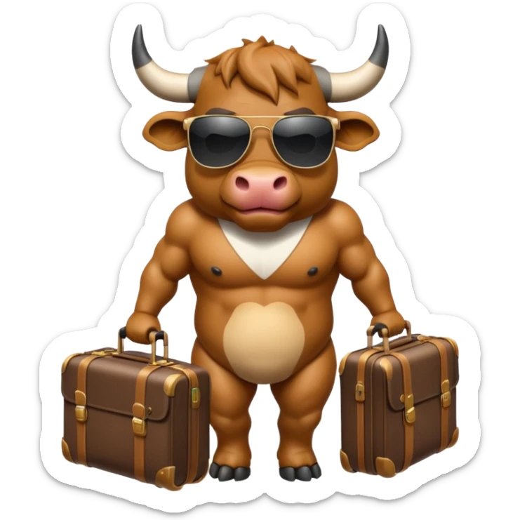 generate an emoji of a bull that is travelling. maybe wearing sunglasses or drinking a drink or carrying a suitcase sticker
